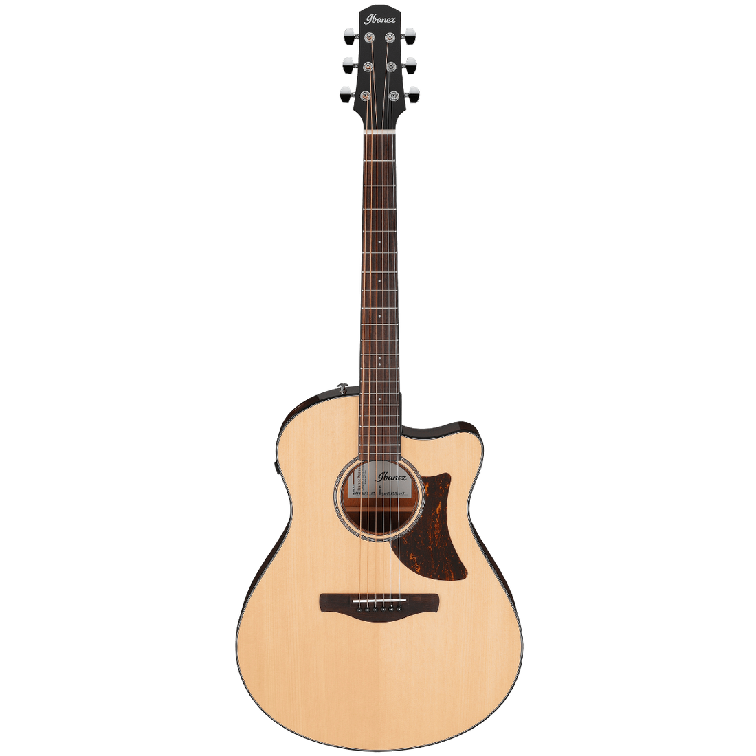 Acoustic guitar with a natural wood finish on a white background