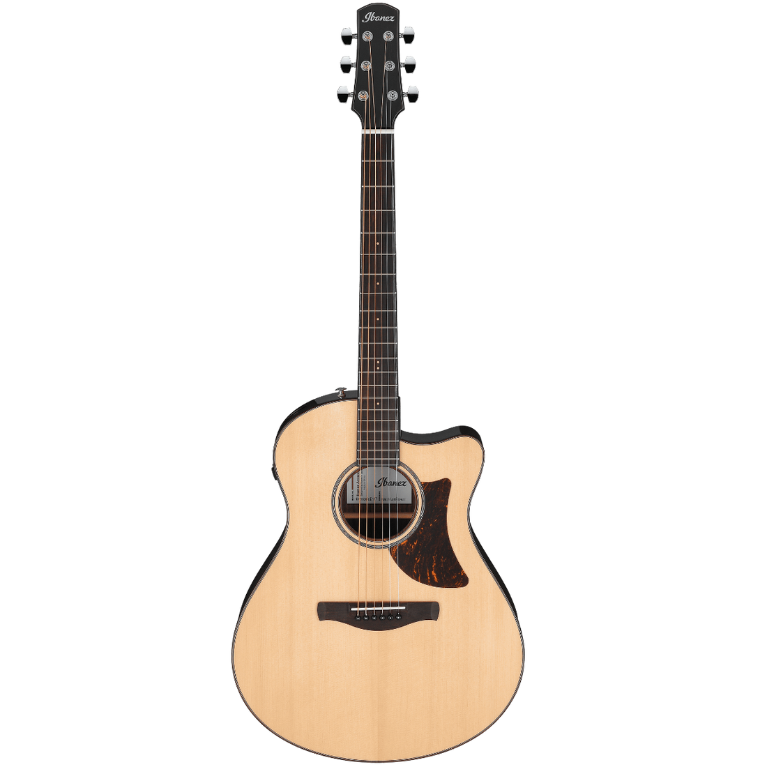 Acoustic guitar with a natural finish on a white background