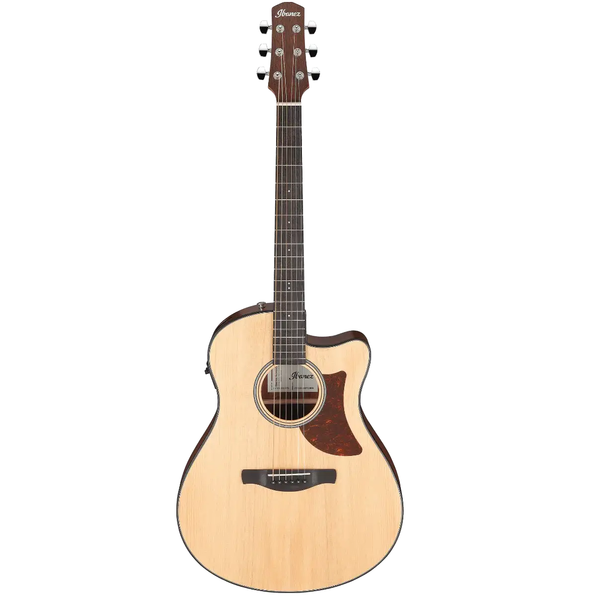 Acoustic guitar with a cutaway design on a white background