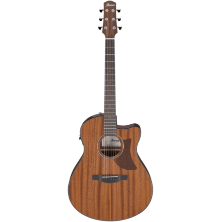 Acoustic guitar with a wooden finish on a white background
