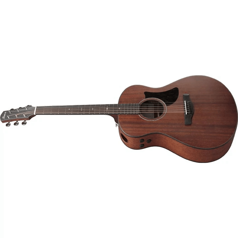 Acoustic guitar with a wooden finish on a white background