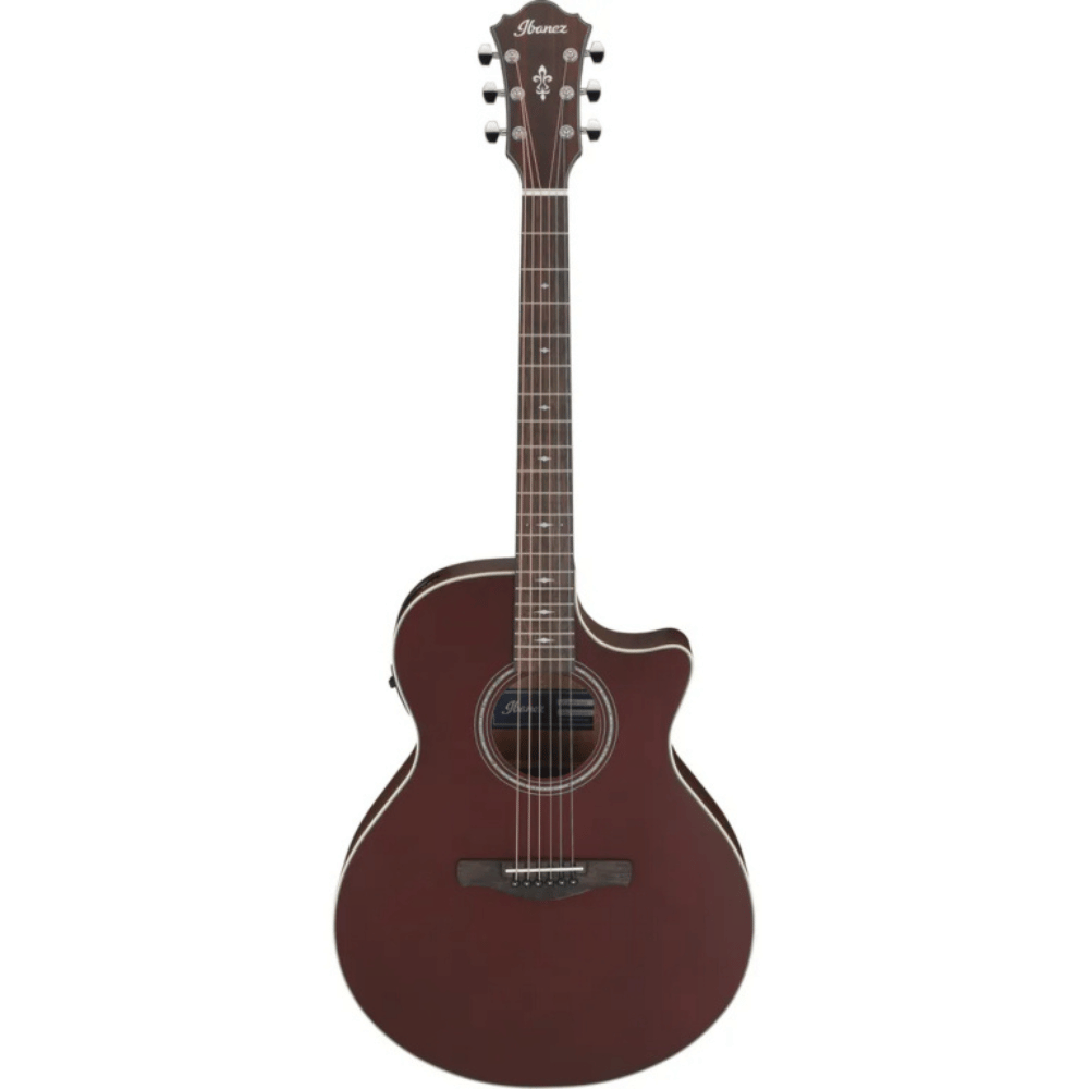 Acoustic guitar with a dark brown finish on a white background