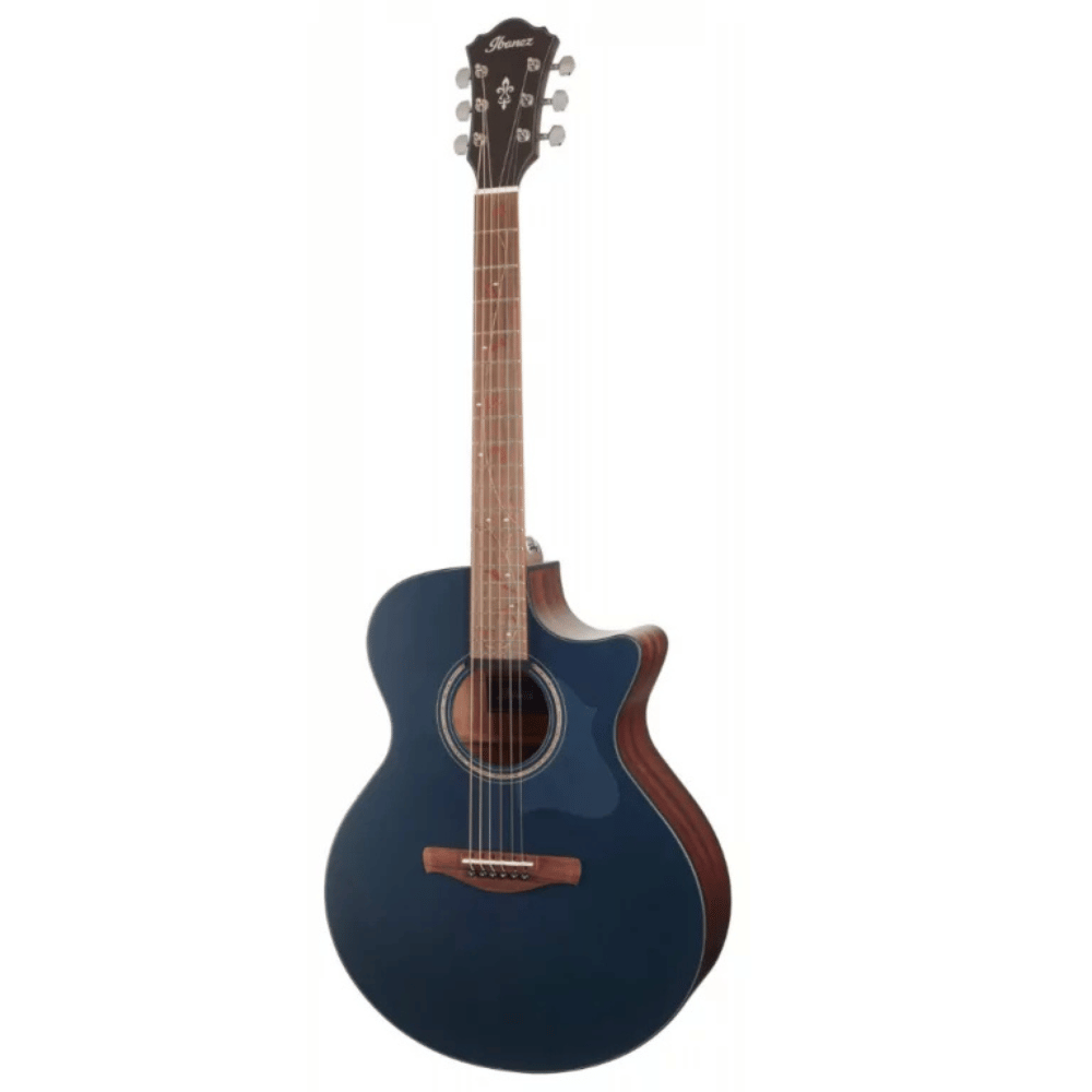 Blue acoustic guitar with a brown neck on a white background