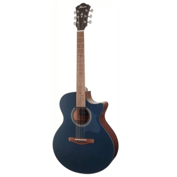 Blue acoustic guitar with a brown neck on a white background