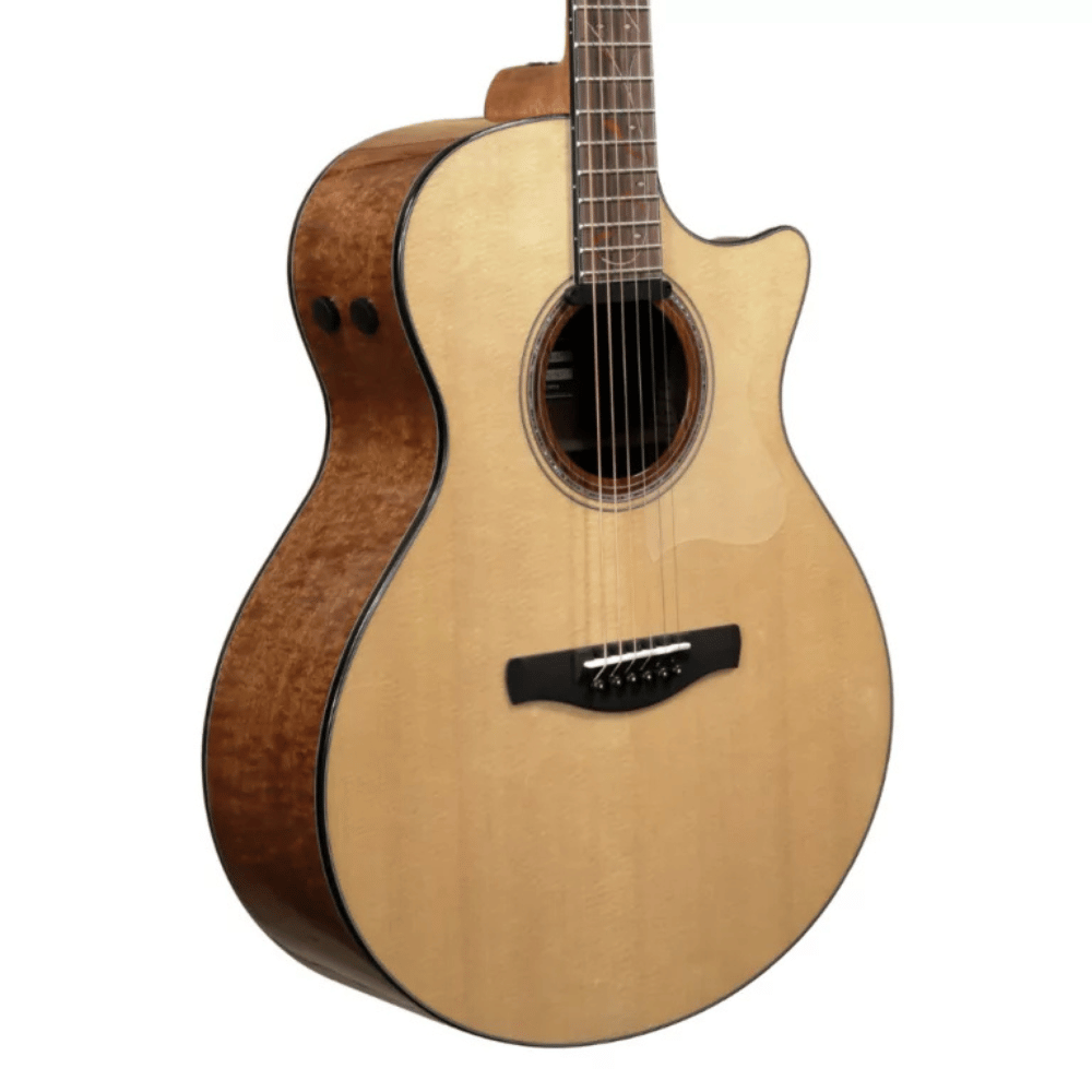 Acoustic guitar with a cutaway on a white background