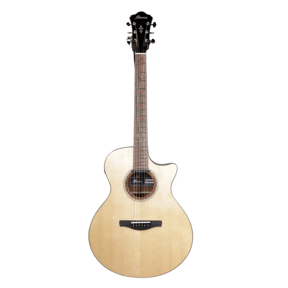 Acoustic guitar with a cutaway on a white background