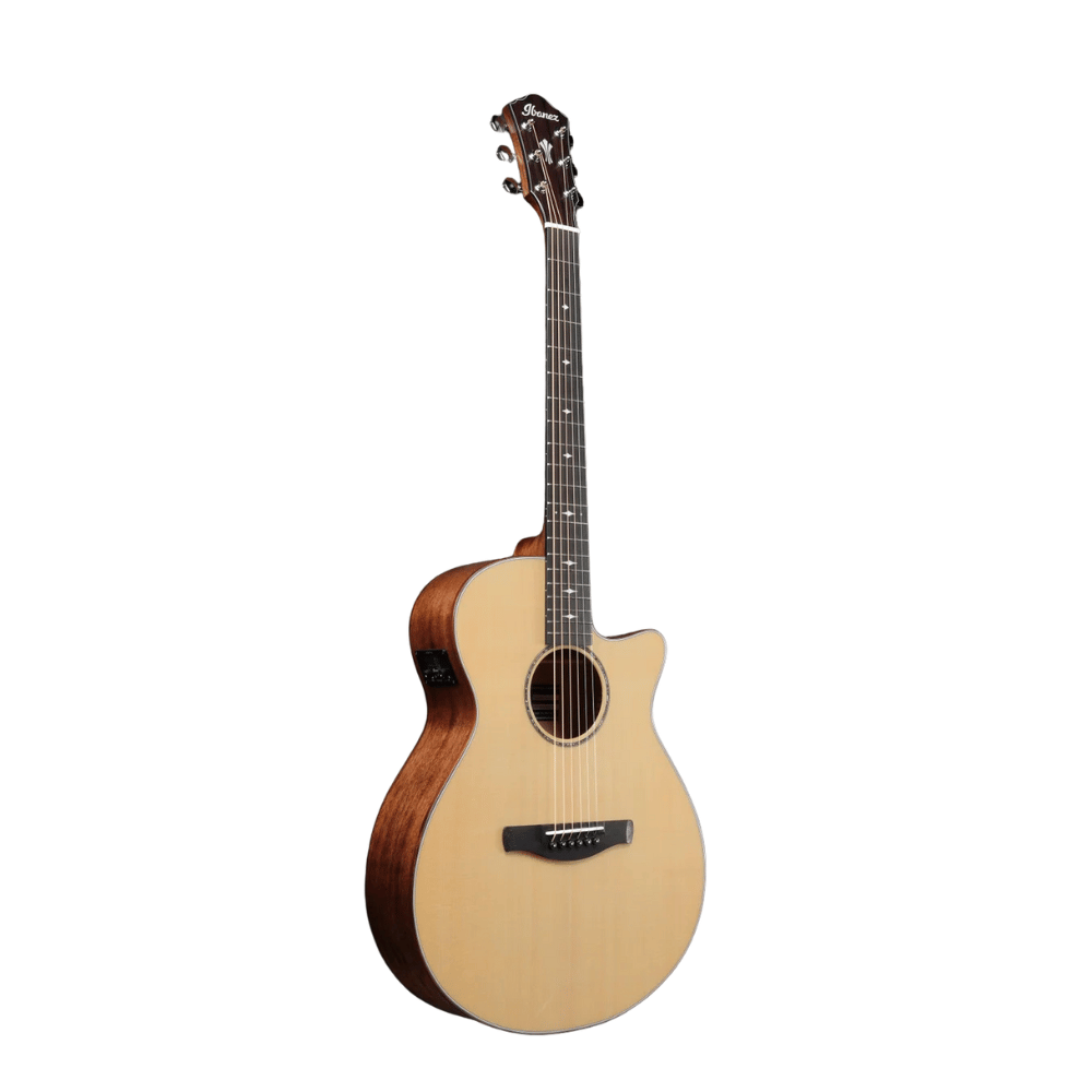 Acoustic guitar with a wooden body and neck on a white background