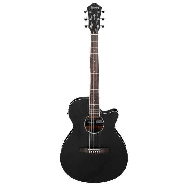 Black acoustic-electric guitar on a white background