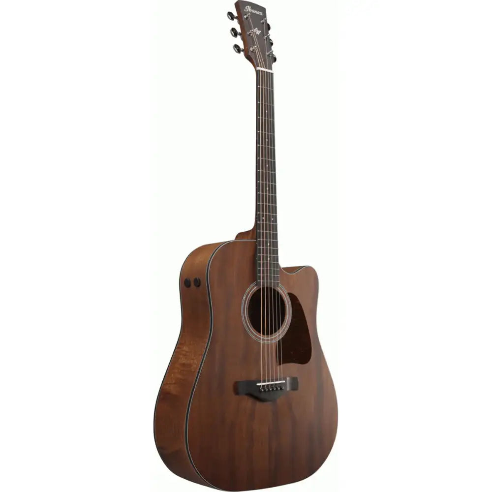 Acoustic guitar with a brown finish on a white background