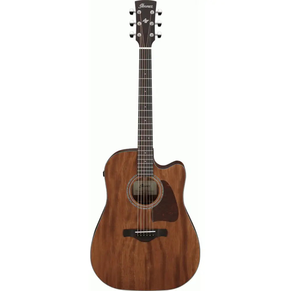 Acoustic guitar with a brown finish on a white background