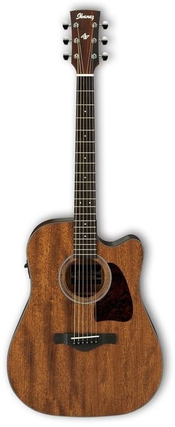 Acoustic guitar with a wooden finish on a white background