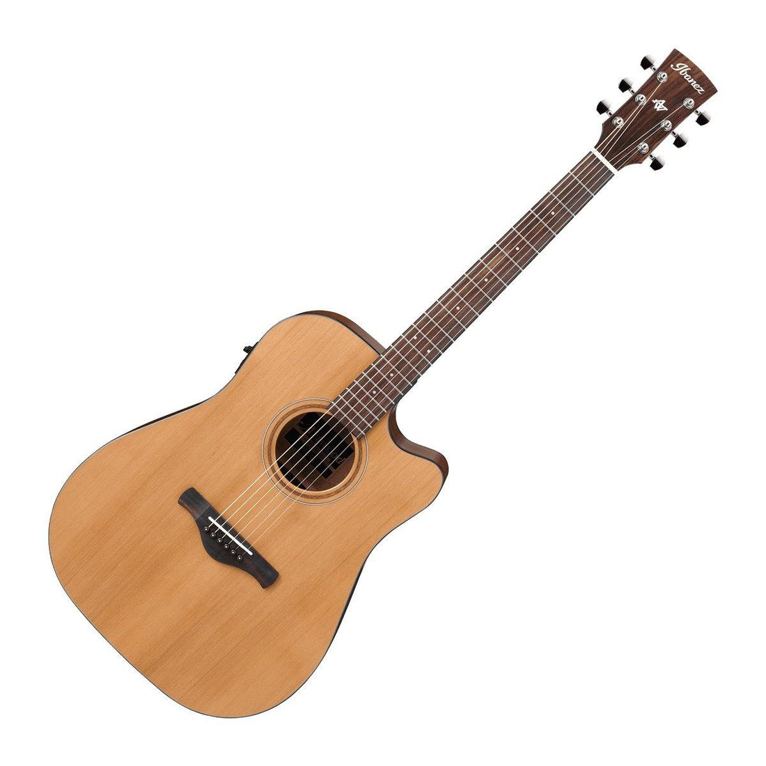 Acoustic guitar with a cutaway design on a white background
