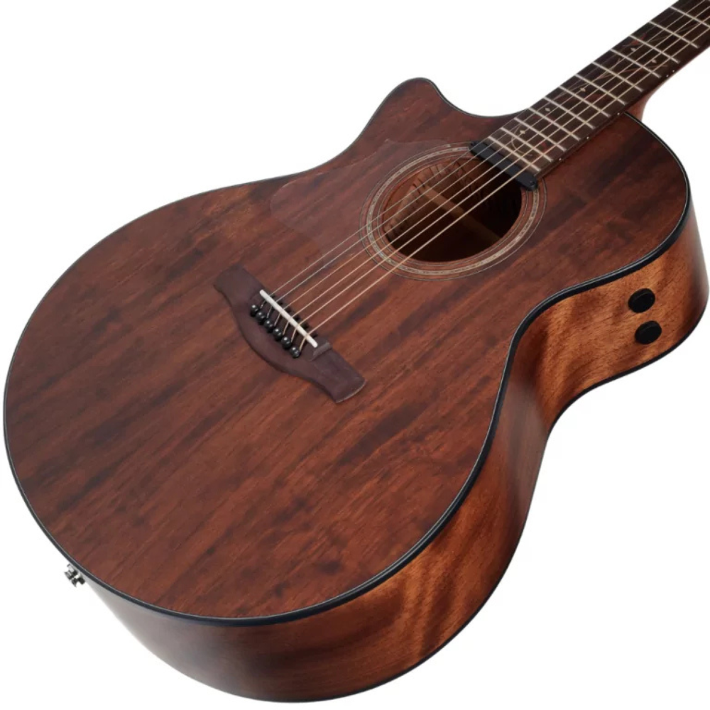 Acoustic guitar with a wooden finish on a white background