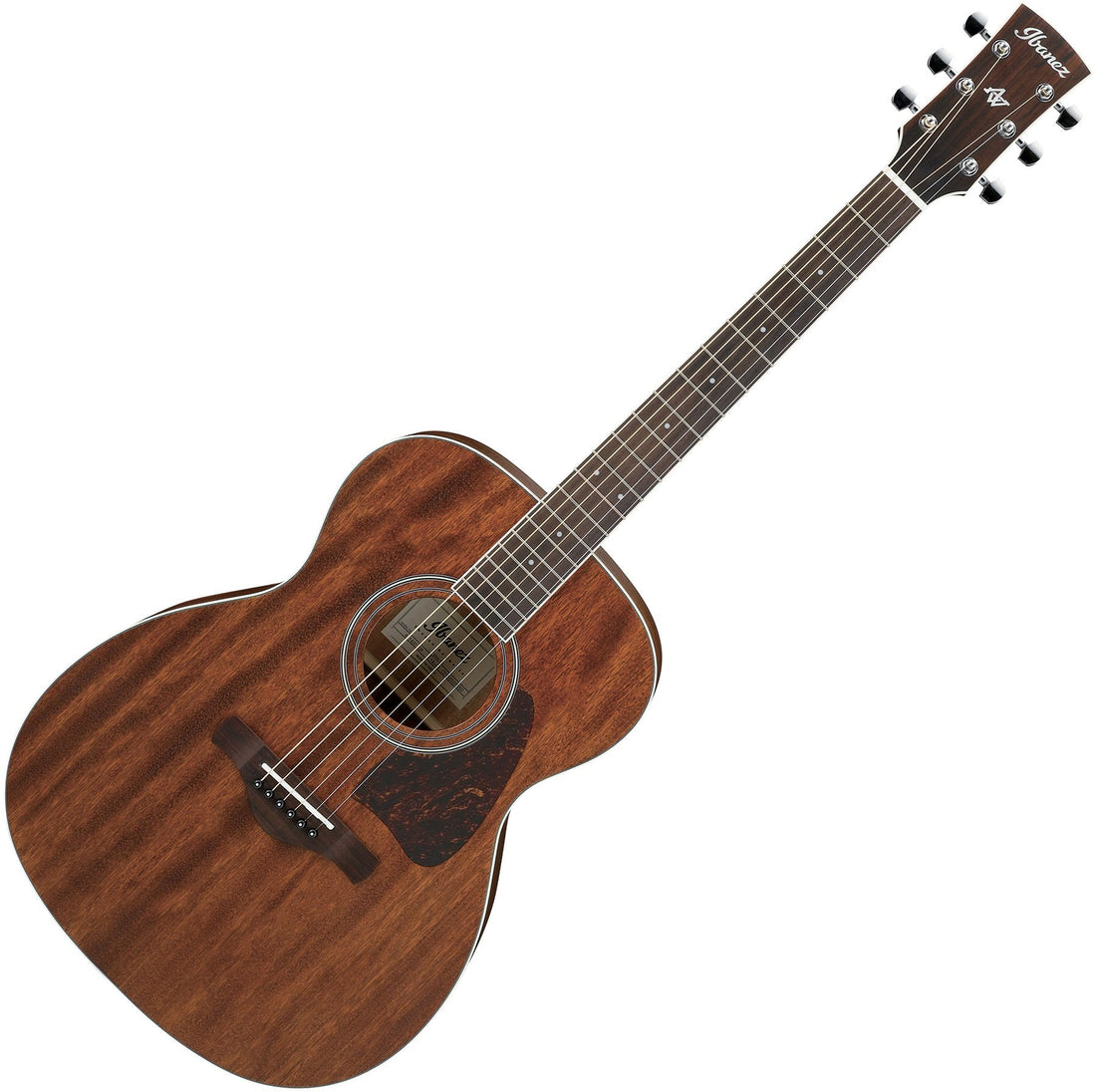 Acoustic guitar with a wooden finish on a white background