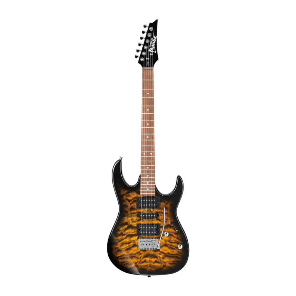 Electric guitar with a tiger striped body on a white background