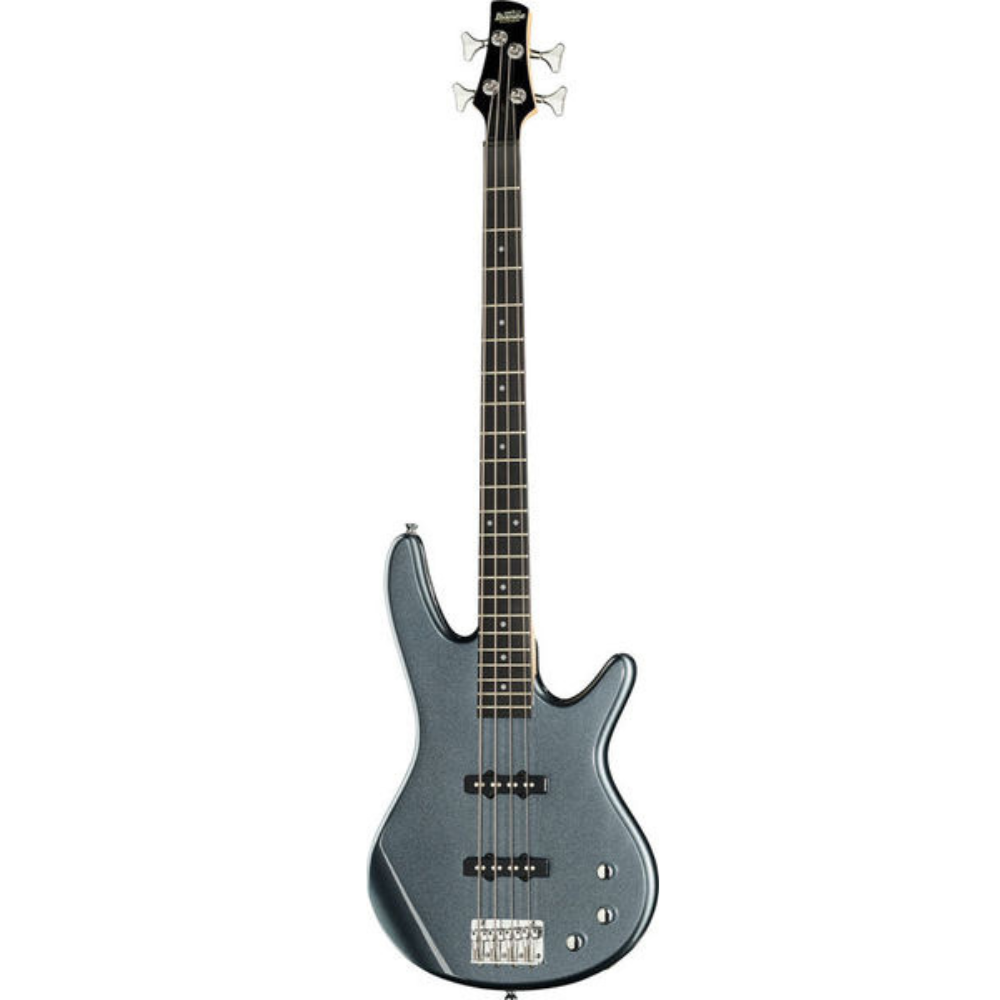 Electric bass guitar with a metallic finish on a white background