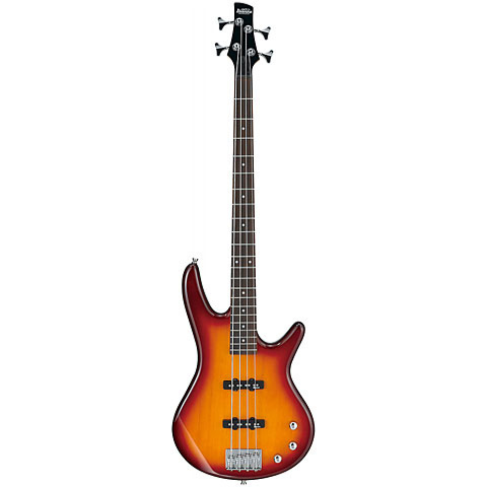Electric bass guitar with a sunburst finish on a white background