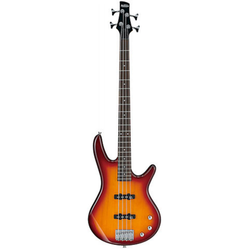 Electric bass guitar with a sunburst finish on a white background