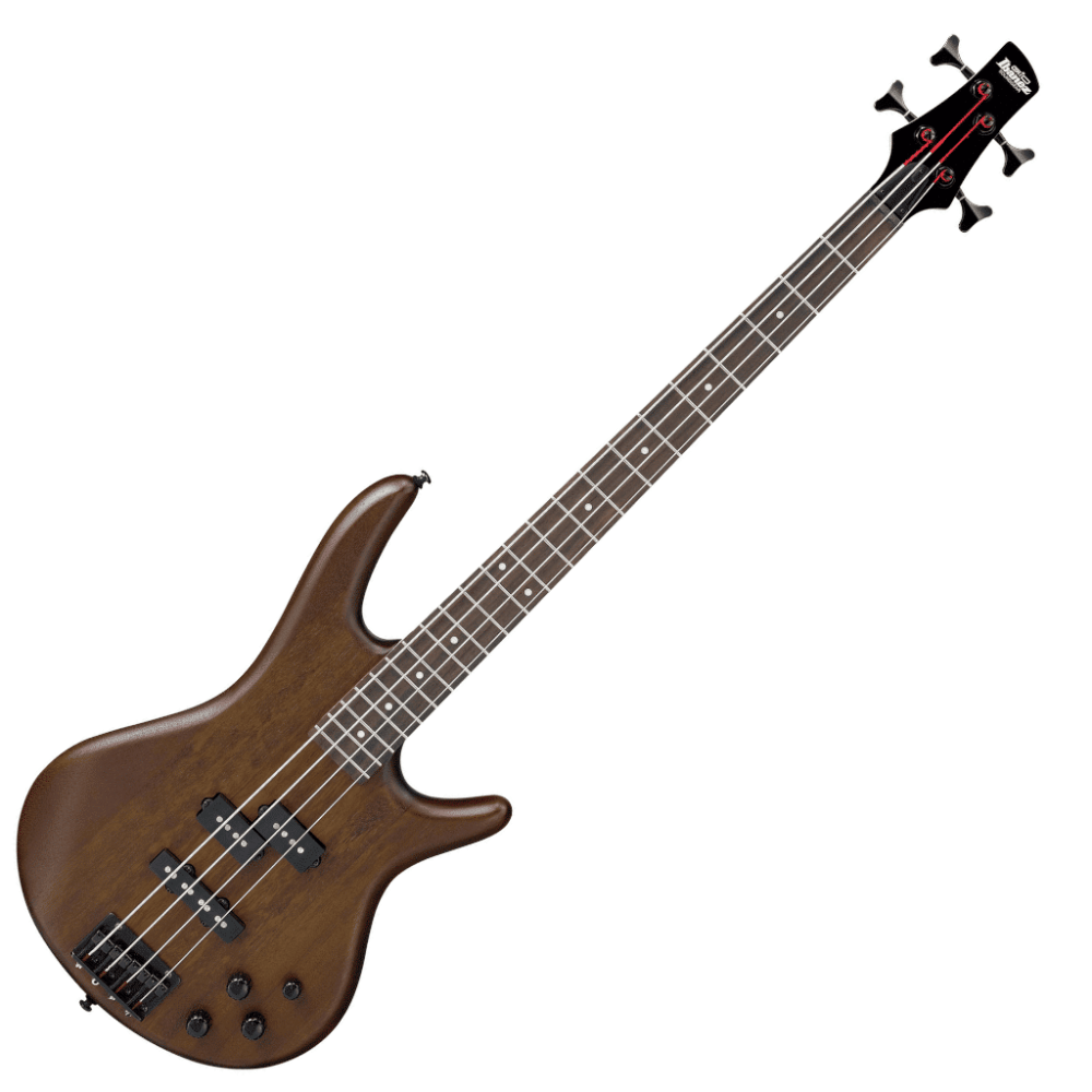 Brown electric bass guitar on a white background