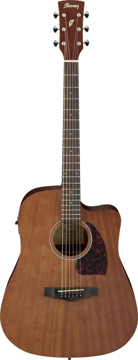Acoustic guitar with a brown finish on a white background