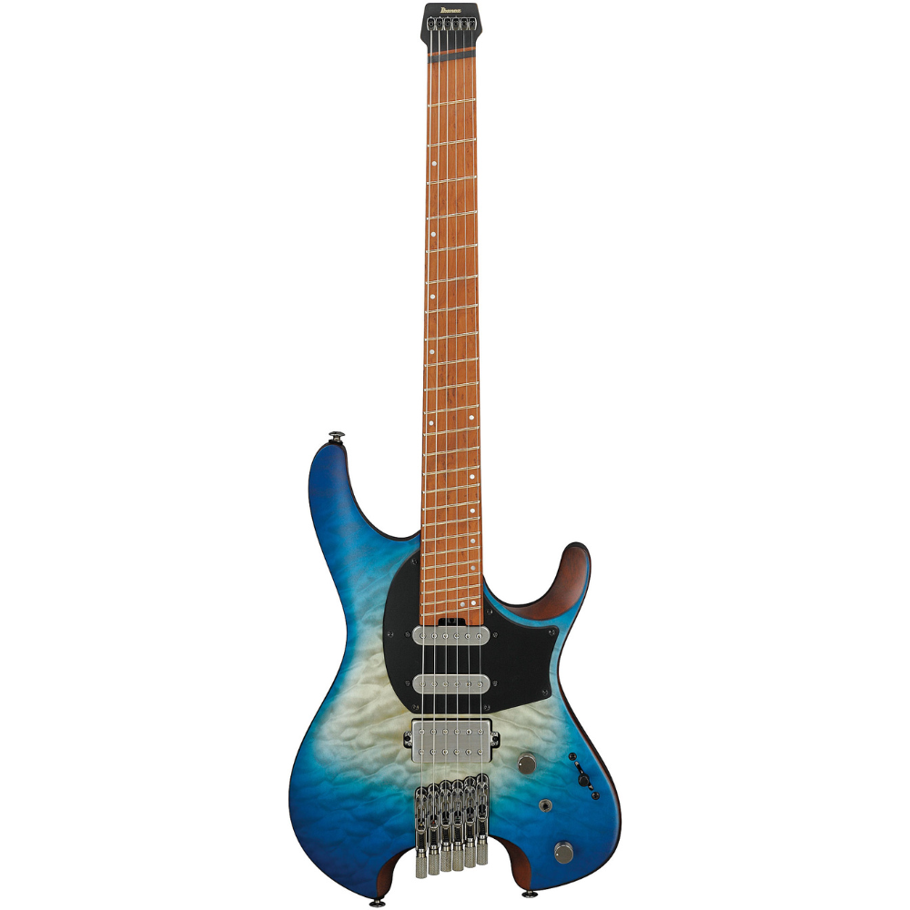 Blue electric guitar with a white pickguard on a white background