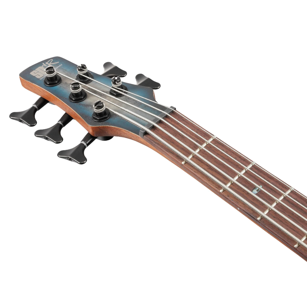 Close-up of a guitar neck and headstock on a white background