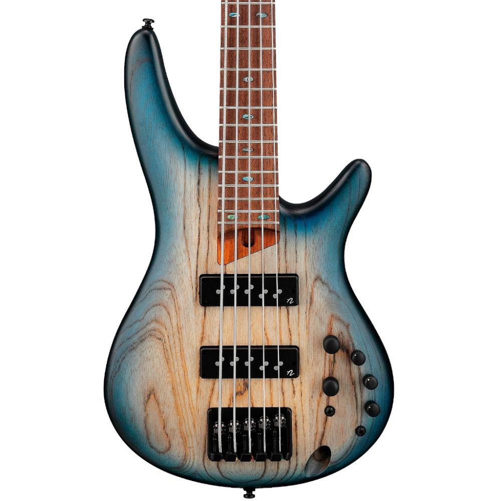 Electric guitar with a blue and brown finish on a white background