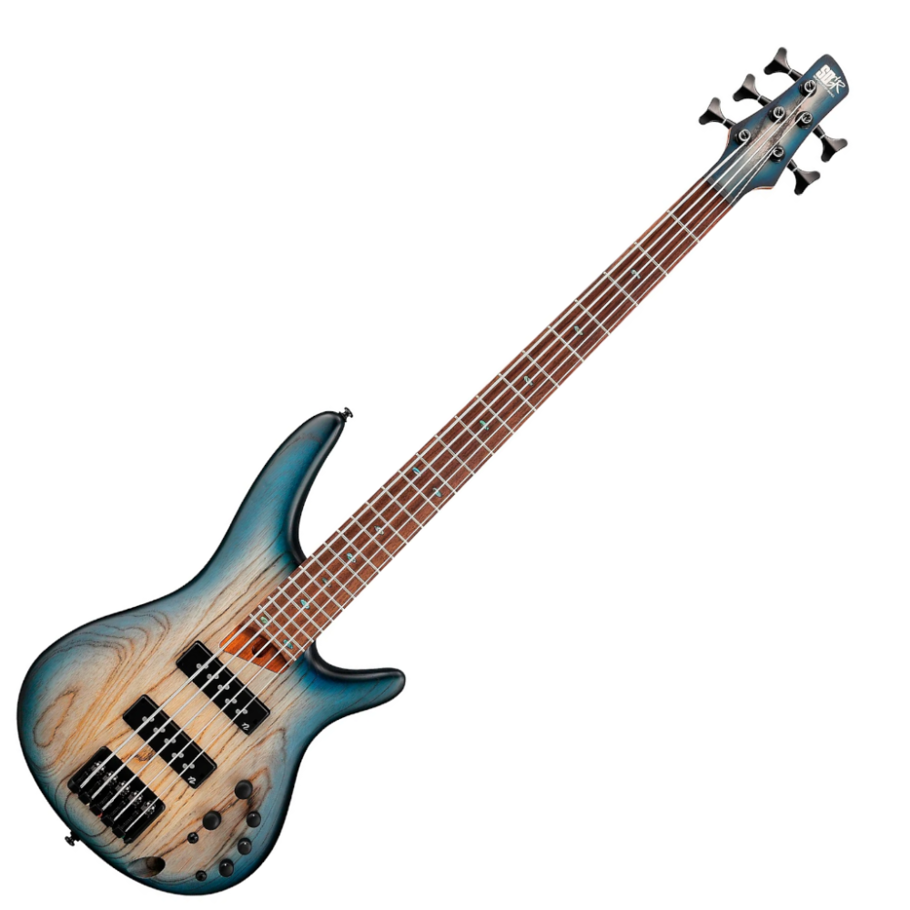 Electric guitar with a blue and brown finish on a white background