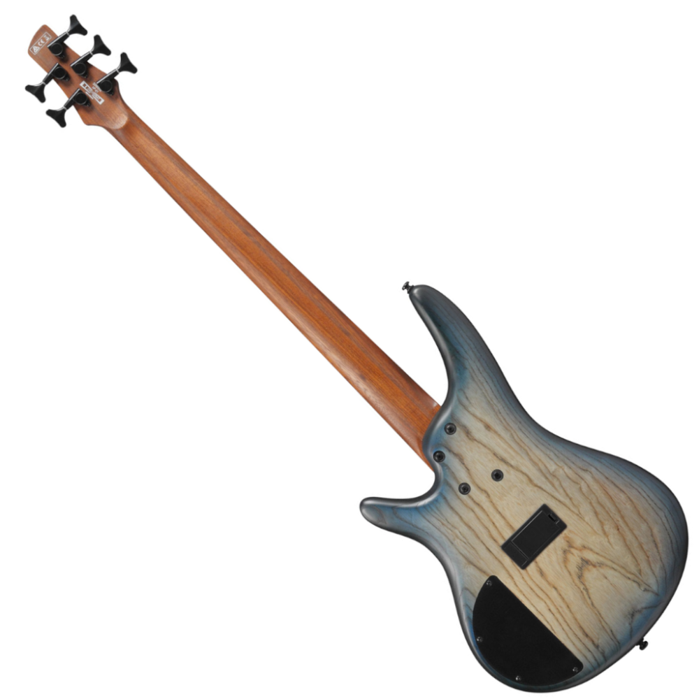 Electric bass guitar with a gradient finish on a white background