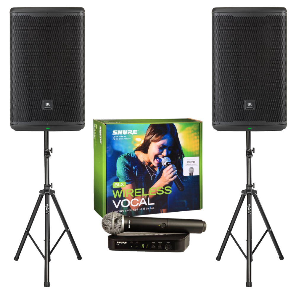 Two JBL speakers with a Shure wireless vocal system on a white background