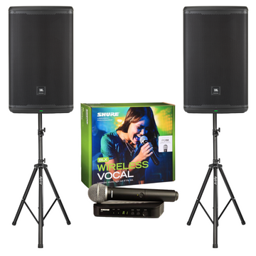 Two JBL speakers with a Shure wireless vocal system on a white background