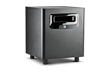 Black subwoofer on a white background