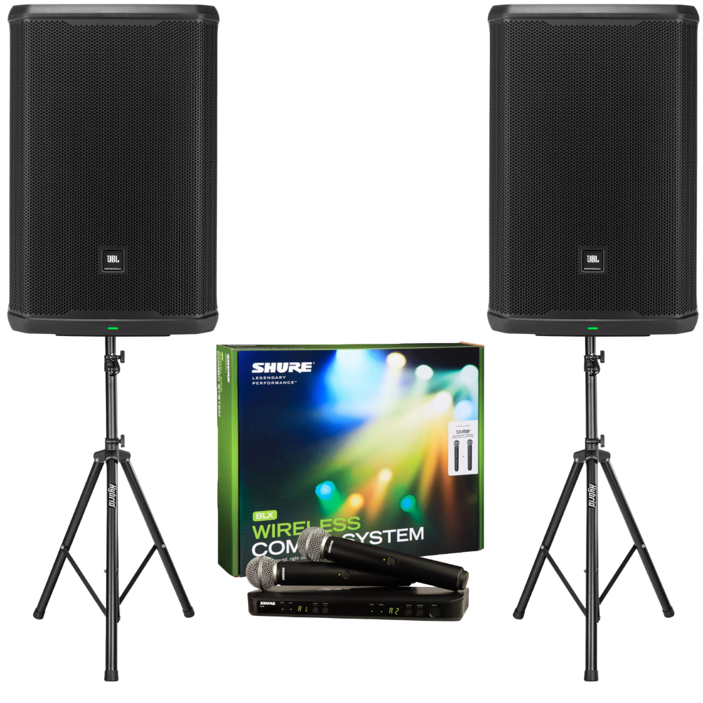 Two black JBL speakers on stands with a Shure wireless communication system box in the center.