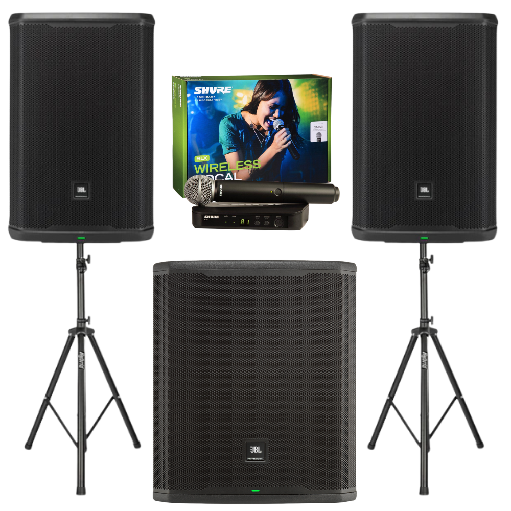 Set of JBL speakers with a Shure wireless microphone and receiver on a white background