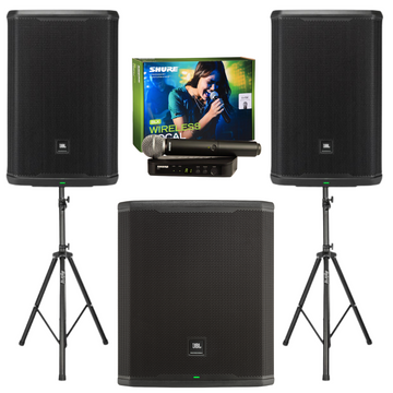 Set of JBL speakers with a Shure wireless microphone and receiver on a white background