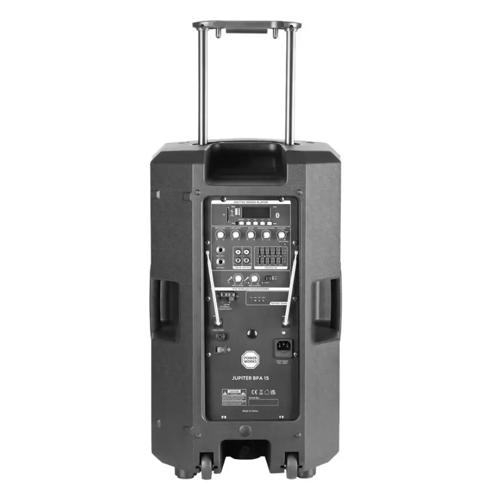 Black portable speaker with control panel on a white background