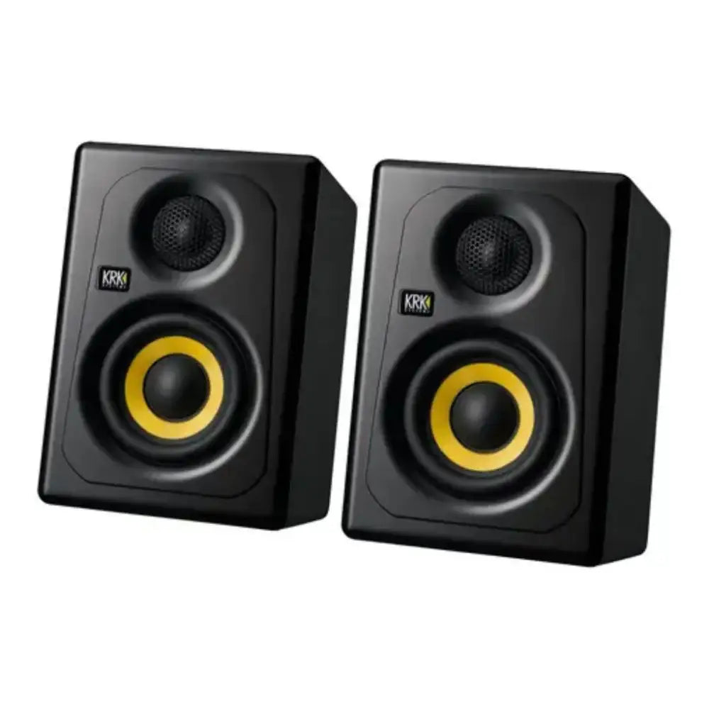 Pair of black speakers with yellow cones on a white background