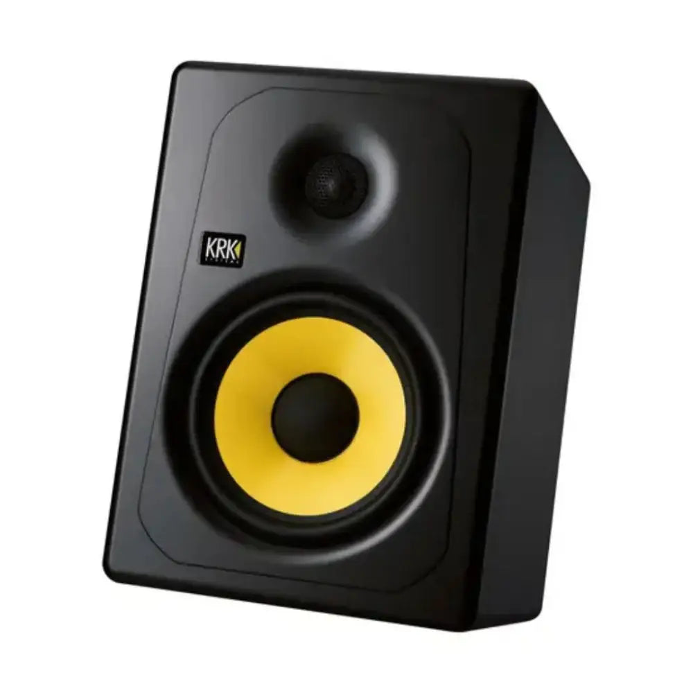 Black studio monitor speaker with yellow cone and KRK logo on a white background