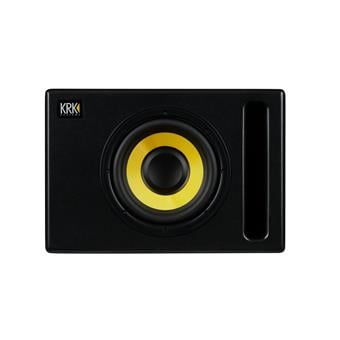 Black and yellow KRK speaker on a white background