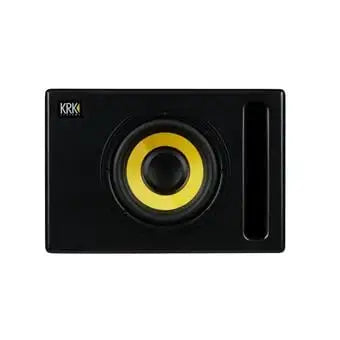 Black and yellow KRK speaker on a white background