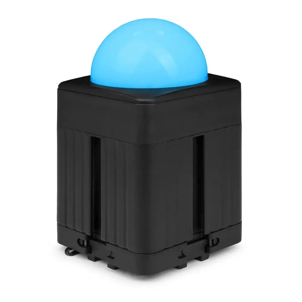 Black rectangular device with a blue spherical light on top against a white background