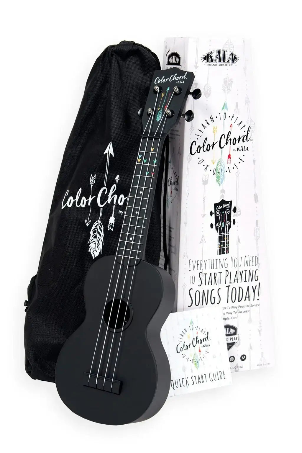 Black ukulele with accessories including a carrying bag and instructional guide on a white background