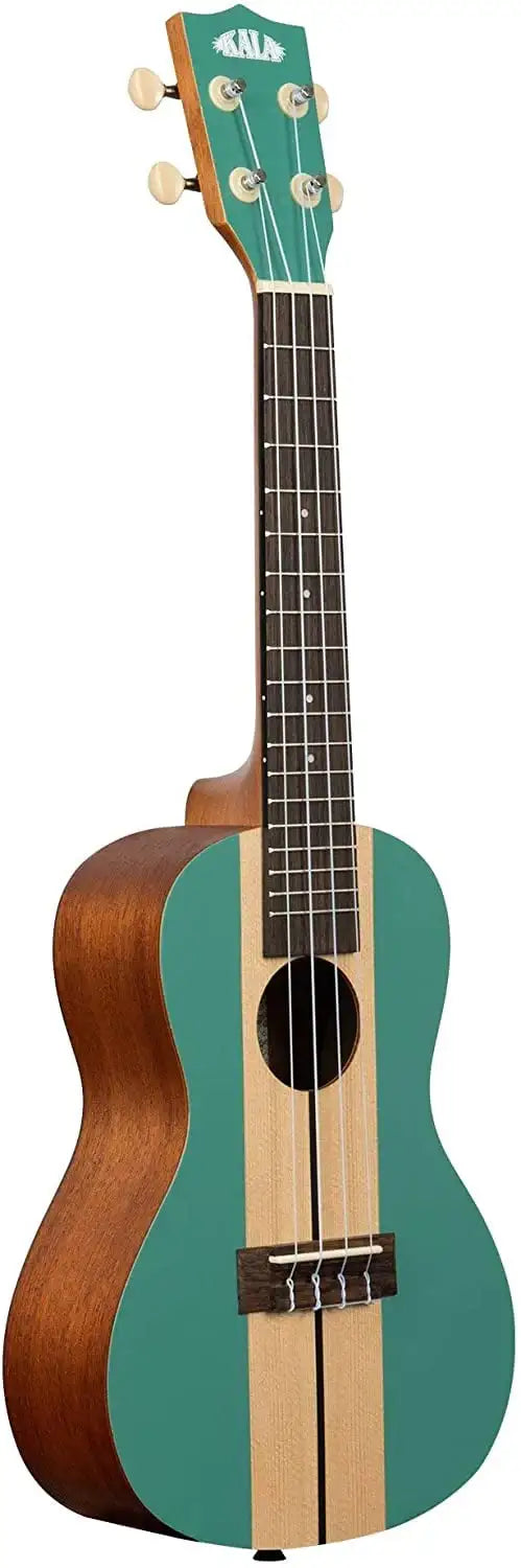 Green and brown ukulele on a white background