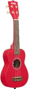 Red ukulele with a white pickguard on a black background