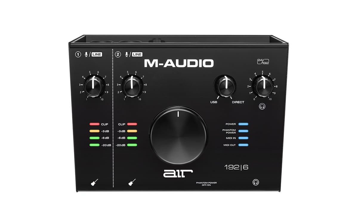 M-Audio audio interface with control knobs and display on a white background