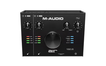 M-Audio audio interface with control knobs and display on a white background