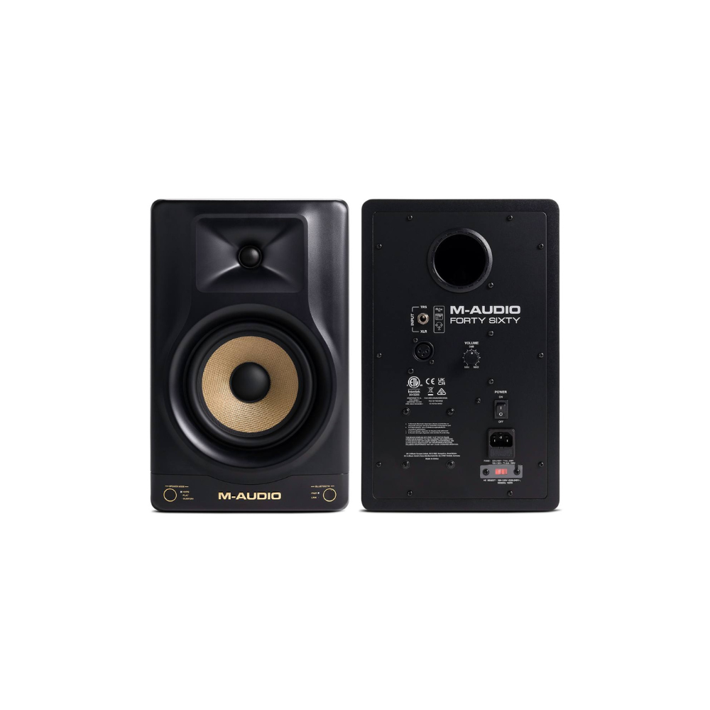 Pair of M-Audio studio monitors on a white background