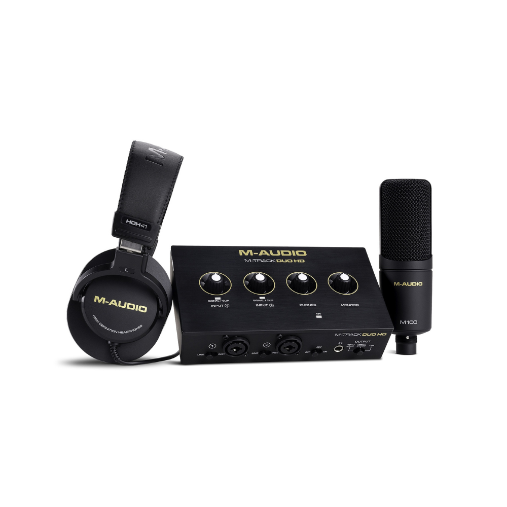 M-Audio audio interface, headphones, and microphone on a white background