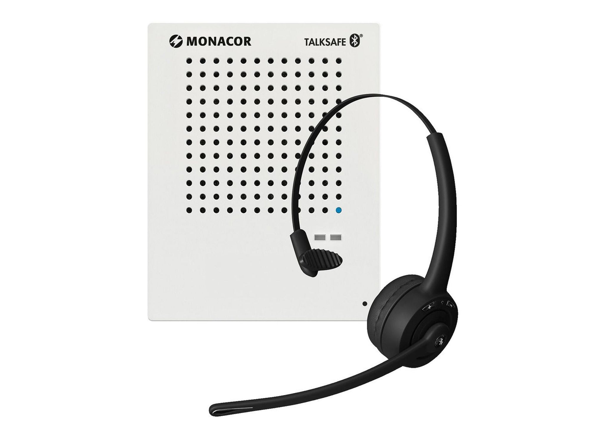 Black headset with Monacor branding on a white background