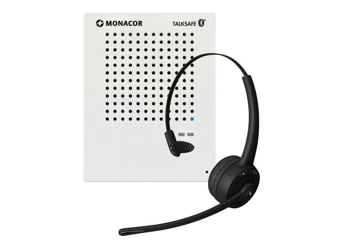 Black headset with Monacor branding on a white background
